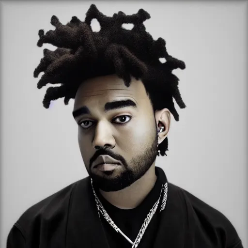 Image similar to a fusion between joji the weeknd and kanye west, looking at the camera, realistic, 4 k, hdr, grainy