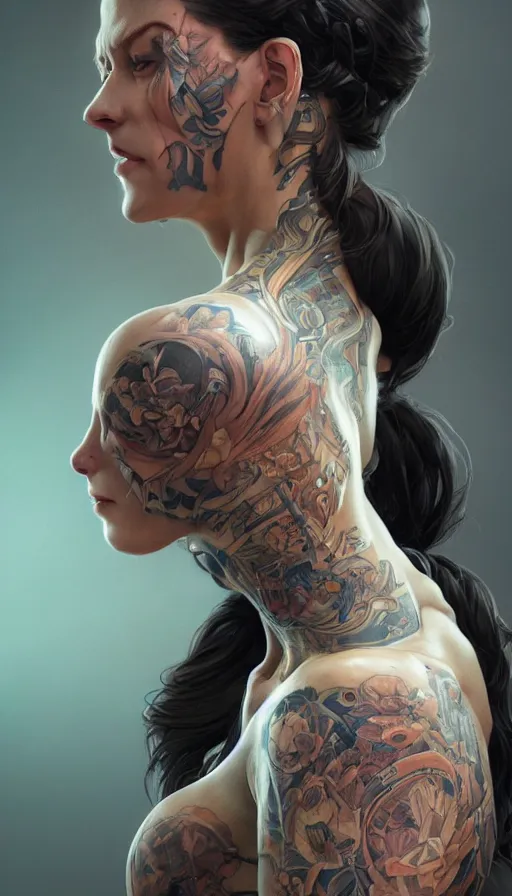 Image similar to tattooed lady, sweaty, insane, intricate, highly detailed, digital painting, artstation, concept art, smooth, sharp focus, illustration, Unreal Engine 5, 8K, art by artgerm and greg rutkowski and alphonse mucha