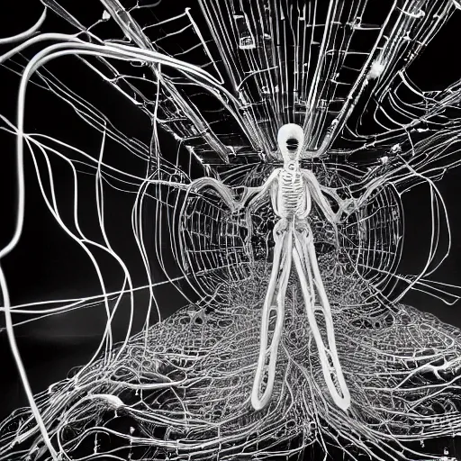 Image similar to nervous system made of wires and alien technology in a white room with glowing leds, hyper detailed, surreal concept art, apocalyptic, realistic, alive, industrial, tech, black and white photo on film, grain, cyborg, futuristic, humanoid, dream,