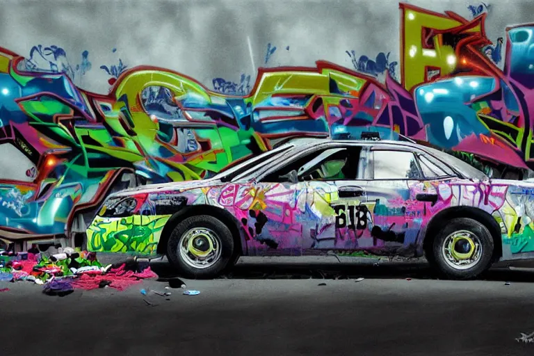 Image similar to a police car covered in graffiti that spells'1 3 1 2'by mia brownell, art by anna hotchkis, antonio saura, very detailed, maximalism, ambient occlusion, volumetric light, atmospheric haze, hyper realism, futuristic but colorful shading, cinematic composition, realistic render, photography, wide shot