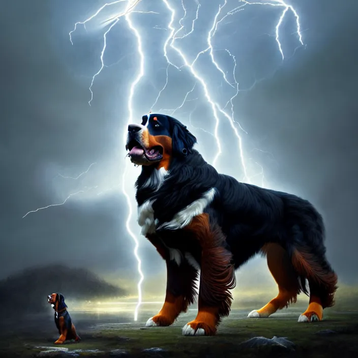 Image similar to a male human - bernese mountain dog hybrid as zeus, shooting lightning bolts from his paws, by greg rutkowski and alex grey, intricate details, artstation, furry, psychedelic, hd, beautiful