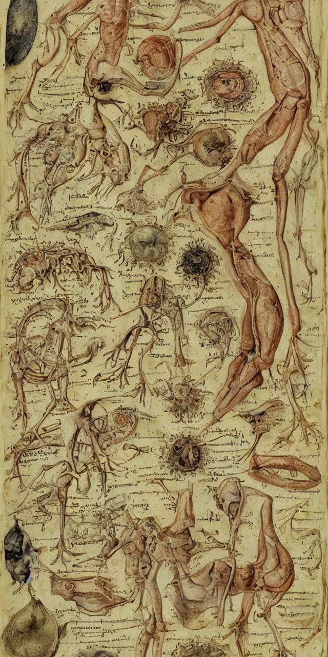 Prompt: an open page of the voynich manuscript, depicting a digital painting of human anatomy by da vinci, extremely detailed, professional, epic highlights, full colors