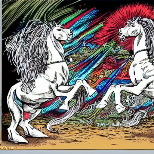 Prompt: anthropomorphic white horses doing karate, wearing black karate gis, inside Japanese dojo, fantasy, vibrant, detailed, by todd mcfarlane