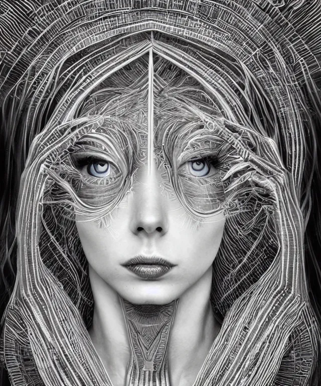 Prompt: An epic photo illustration of female symmetrical portrait by Michael Sydney Moore, Alex Grey, hyper detailed, 50mm, award winning photography