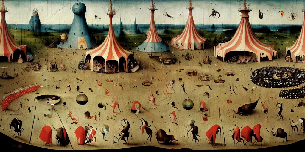 Prompt: a beautiful painting of an elaborate circus by hieronymous bosch and beeple