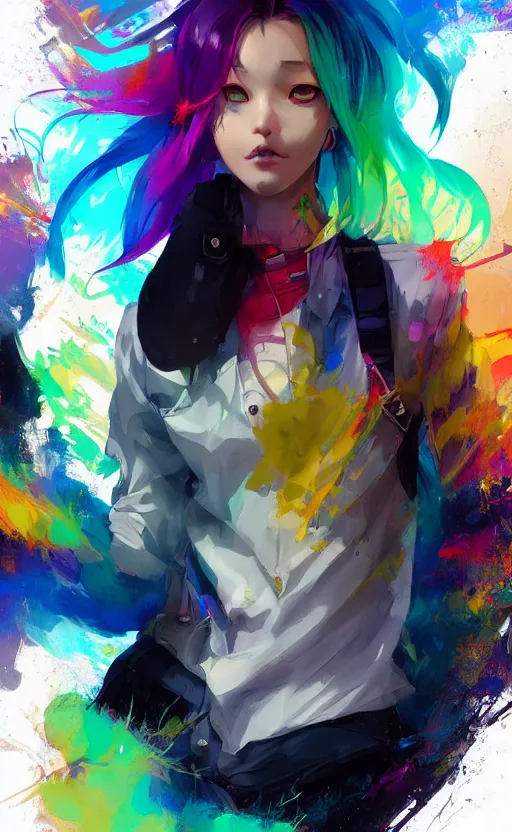 Image similar to a kawaii woman with rainbow hair smiling, kawaii shirt and jeans, In style of Yoji Shinkawa, wojtek fus, by Jordan Grimmer and greg rutkowski, concept art, highly detailed