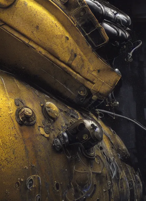 Prompt: a photorealistic dramatic hyperrealistic underwater render of an exosuit deep sea submersible, ultra realistic details, glossy yellow, well worn, rust, oil stains by vitaly bulgarov and mike nash, beautiful dramatic dark moody tones and lighting, cinematic atmosphere, studio lighting, global illumination, shadows, dark background, octane render, 8 k