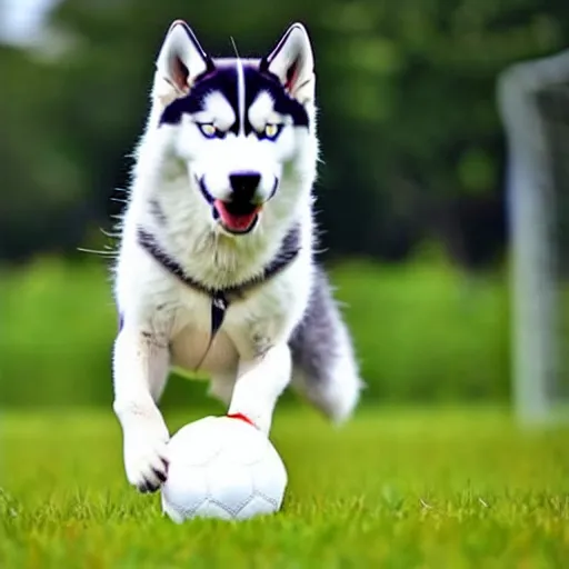 Image similar to a siberian husky playing soccer