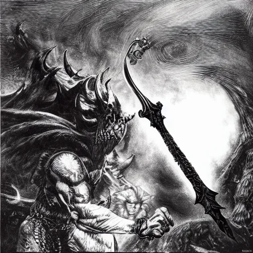 Prompt: arnold swarchenegger with giant sword fights ugly demon, dark fantasy art by kentaro miura, gustave dore, jean giraud, philippe druillet