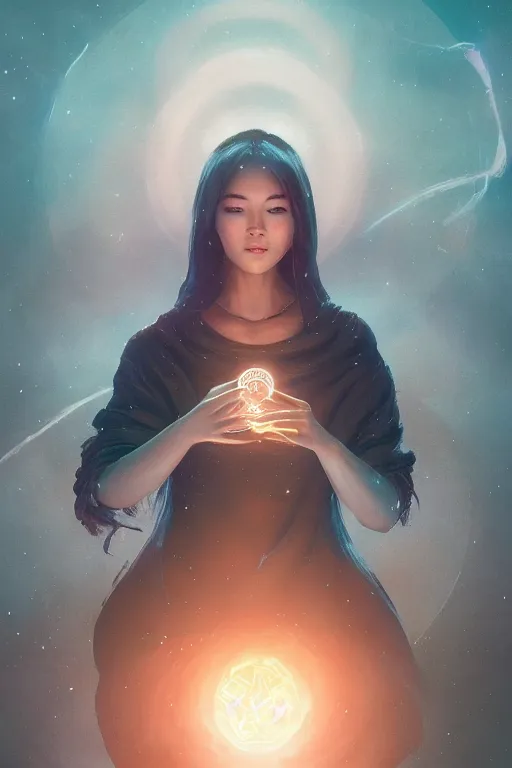 Image similar to space goddess portrait floating while holding a magical orb in her hand. sci fi, intricate artwork by Tooth Wu and wlop and beeple. octane render, trending on artstation, greg rutkowski very coherent symmetrical artwork. cinematic, hyper realism, high detail, octane render, 8k