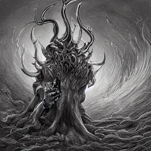 Image similar to full body grayscale drawing by Gustave Dore and Anato Finnstark of horned humanoid demon, engulfed in swirling flames