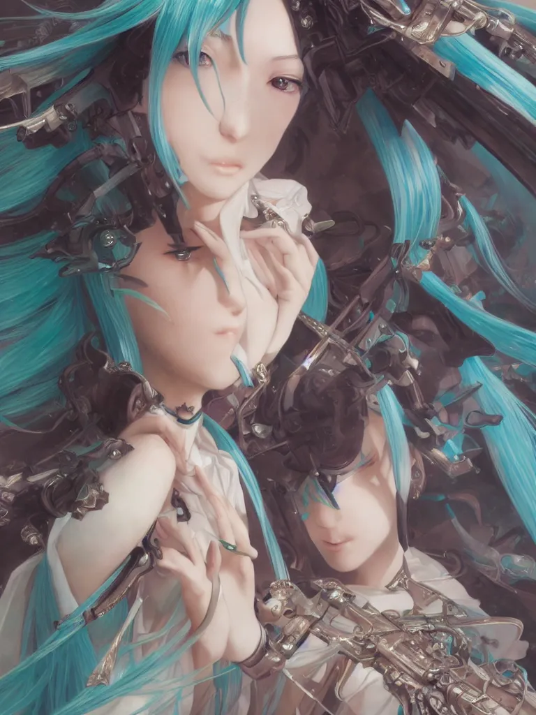 Prompt: Hatsune Miku, closeup, D&D, fantasy, intricate, elegant, highly detailed, digital painting, artstation, concept art, matte, sharp focus, undistorted, illustration, art by Artgerm and Greg Rutkowski and Alphonse Mucha