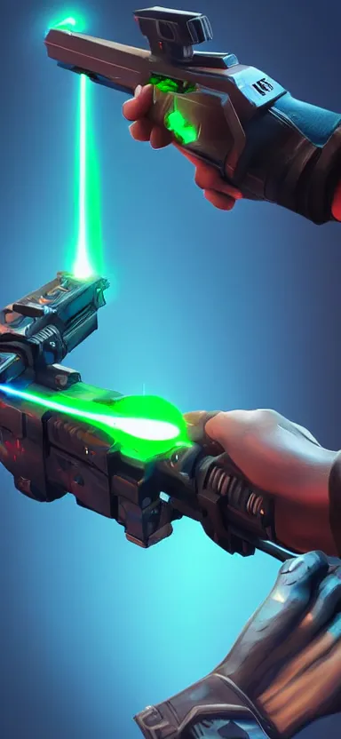 Image similar to “ hand in glove holding laser gun from the side, cinematic, digital art, fortnite style, award winning ”