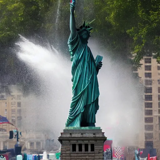 Prompt: liberty statue explode into pieces