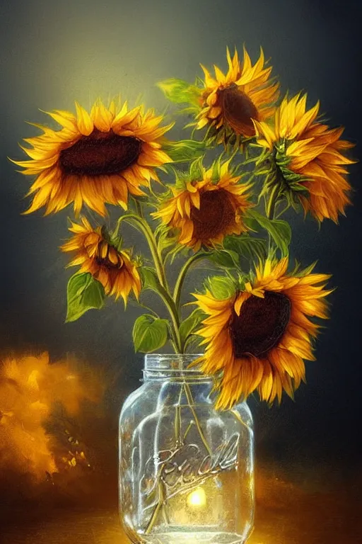 Prompt: beautiful digital botanical illustration sunflowers in a mason jar, by greg rutkowski artstation