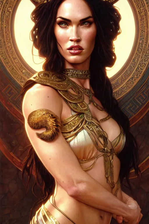 Image similar to portrait of megan fox as the goddess circe, greek mythology, intricate, headshot, highly detailed, digital painting, artstation, concept art, sharp focus, cinematic lighting, illustration, art by artgerm and greg rutkowski, alphonse mucha, cgsociety