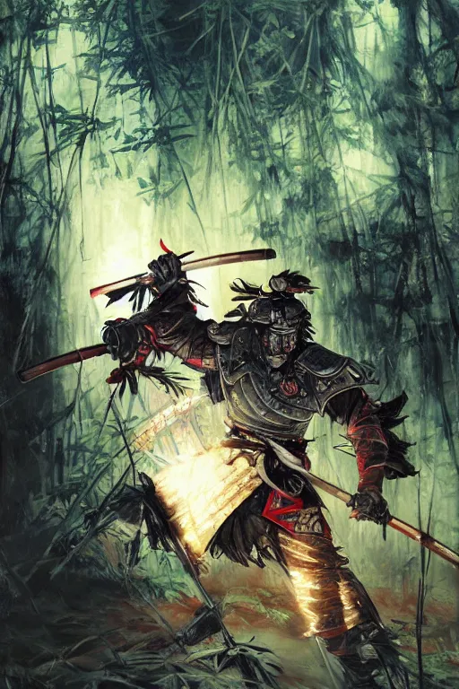 Prompt: a _ warrior _ in _ an _ epic _ samurai _ armor _ in _ dark _ japanese _ bamboo _ forest _ with _ light _ shafts _ by _ jesper _ ejsing _ and _ maciej _ kuciara