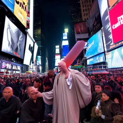 Image similar to a jedi in a battle with voldemort among the people in times square