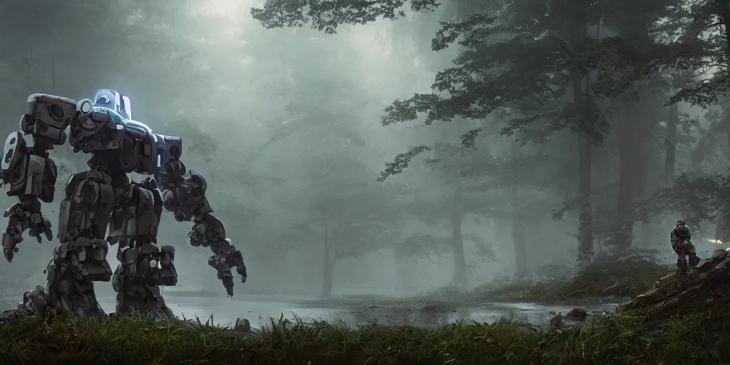 Image similar to concept art of heavy mecha trooper, trees, puddles of water, bushes and leafs, by filip hoda, beeple, greg rutkowski, octane render, cryengine, details, hyper realistic