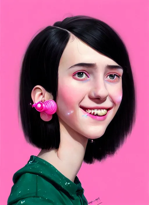 Image similar to portrait of high school girl, realistic, black hair, bangs, half updo hairstyle, pointy nose, skinny, smile, ugly, defined jawline, big chin, pink hair bow, earrings, intricate, elegant, glowing lights, highly detailed, digital painting, artstation, sharp focus, illustration, art by wlop, mars ravelo and greg rutkowski