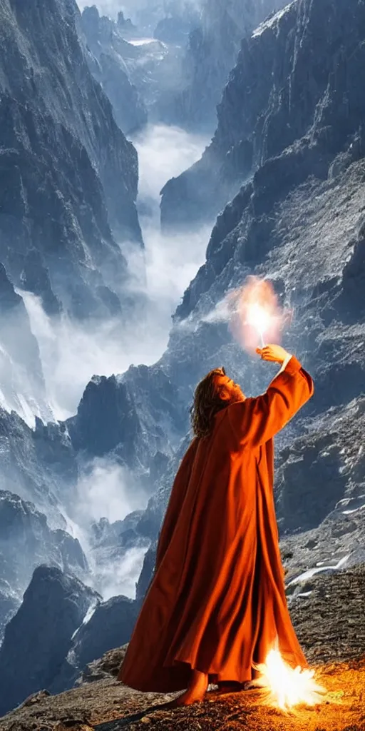 Image similar to a wizard casting lighting spells with a billowing robe in the mountains, epic, majestic, powerful