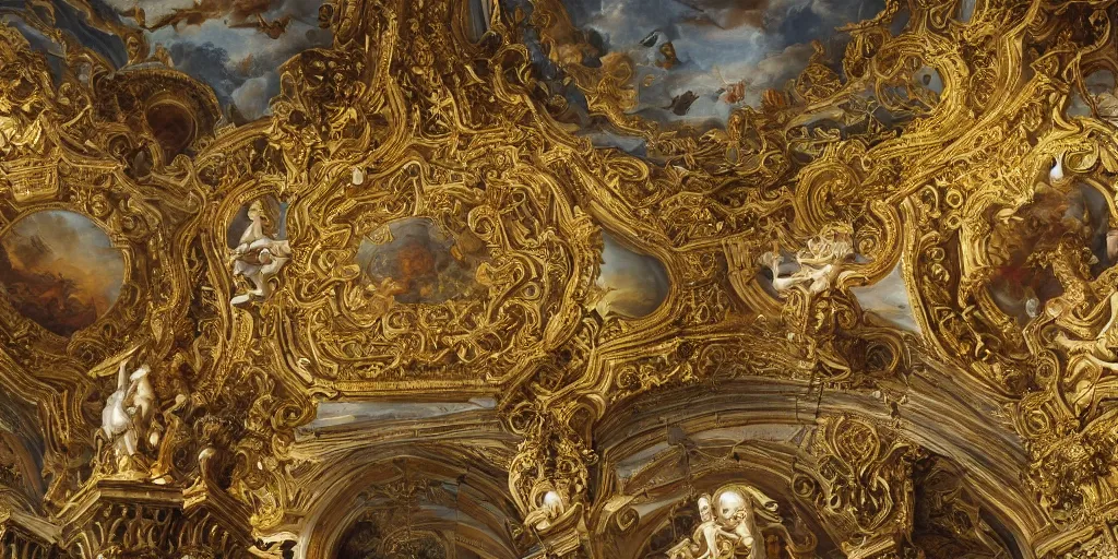 Prompt: beautiful ornate heavenly marble and gold rococo megastructure in the style of heironymus bosch, light intricate masterpiece, hyper detailed, hd