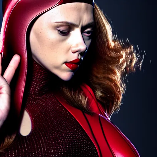 Prompt: scarlett johansson dressed as the scarlet witch, photographic portrait, studio lighting