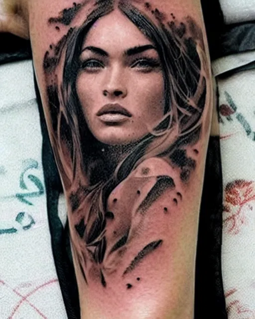 Image similar to creative double exposure effect tattoo design sketch of megan fox faded in beautiful mountain scenery, realism tattoo, in the style of matteo pasqualin, amazing detail, sharp