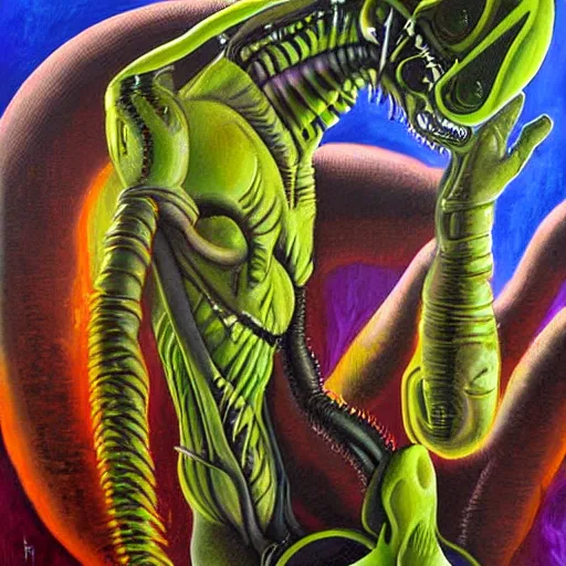 Prompt: xenomorph, surrealist painting by Brian Stephens