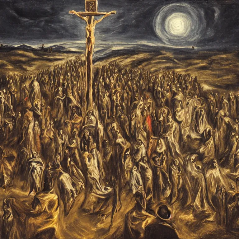 Prompt: A Holy Week procession of souls in a Spanish landscape at night. A figure at the front holds a cross, trending on artstation, 50mm, by El Greco, Remedios Varo y Salvador Dali.