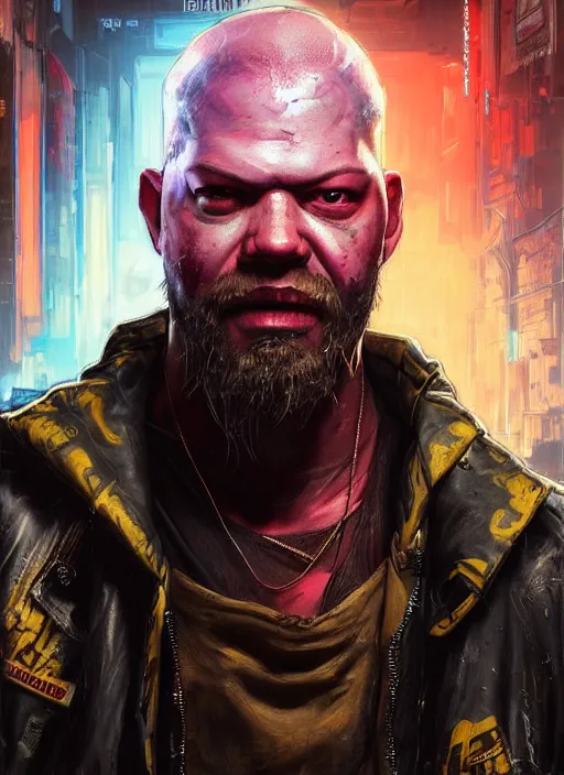 Prompt: portrait of Ivan moody as a homeless character in Cyberpunk 2077, looking at camera, intricate, dystopian, sci-fi, extremely detailed, digital painting, artstation, concept art, smooth, sharp focus, illustration, intimidating lighting, incredible art by artgerm and greg rutkowski and alphonse mucha and simon stalenhag