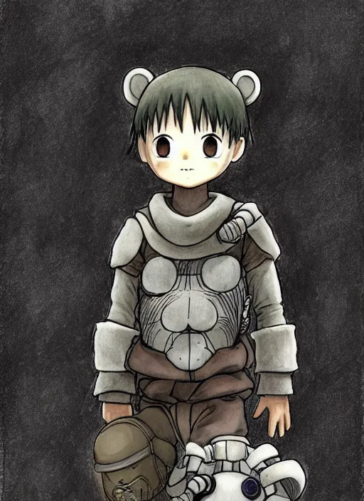 Image similar to beautiful little boy wearing an cyborg bear suit, artwork in kentaro miura and made in abyss and rosdraws, smooth, beautiful lightness, anatomically correct, trending on pixiv, forest