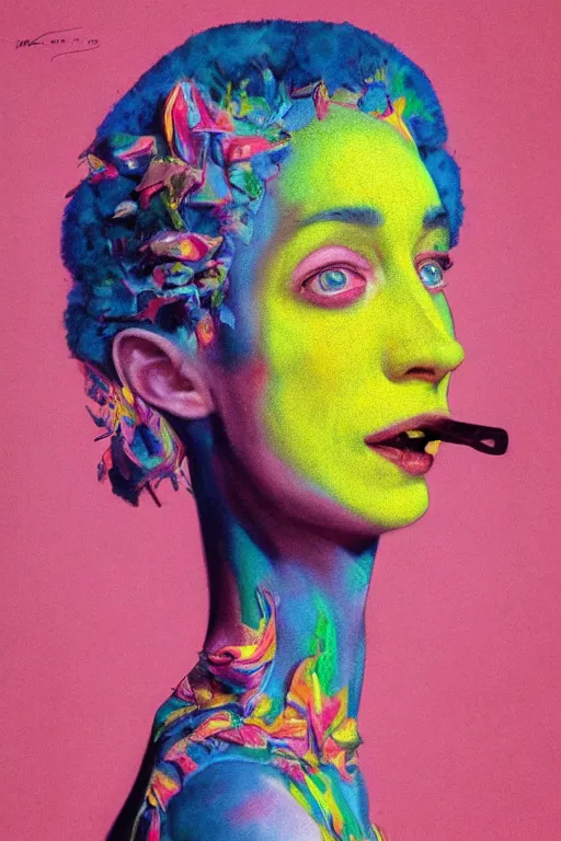 Prompt: a vibrant portrait of st vincent licking a tab of lsd acid on her tongue and dreaming psychedelic hallucinations, wearing an alexander mcqueen headdress, high fashion, by moebius, edward hopper and james gilleard, zdzislaw beksinski, steven outram colorful flat surreal design, hd, 8 k, artstation