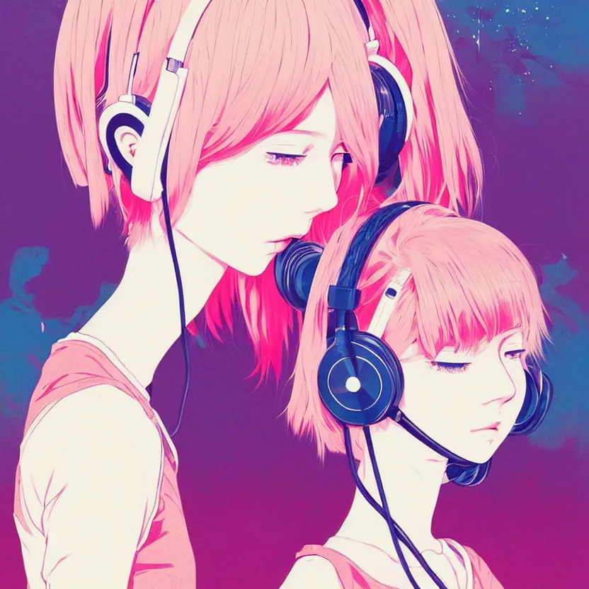 Image similar to girl with headphones, very anime!!! anime!! intricate details, aesthetically pleasing pastel colors, poster background, art by conrad roset and ilya kuvshinov