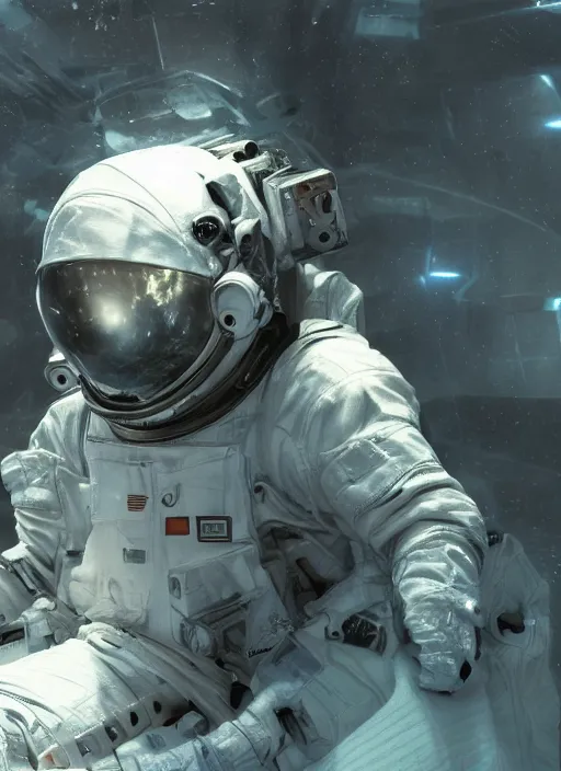 Image similar to concept art by craig mullins astronaut in futuristic dark and empty spaceship underwater. infrared glowing lights. complex and hyperdetailed technical suit. reflection and dispersion materials. rays and dispersion of light. volumetric light. 5 0 mm, f / 3 2. noise film photo. flash photography. unreal engine 4, octane render. interstellar movie art