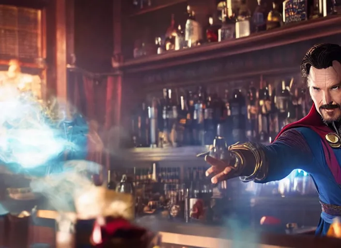 Prompt: film still of singular Doctor Strange working as a bartender in the new Avengers movie, 4k