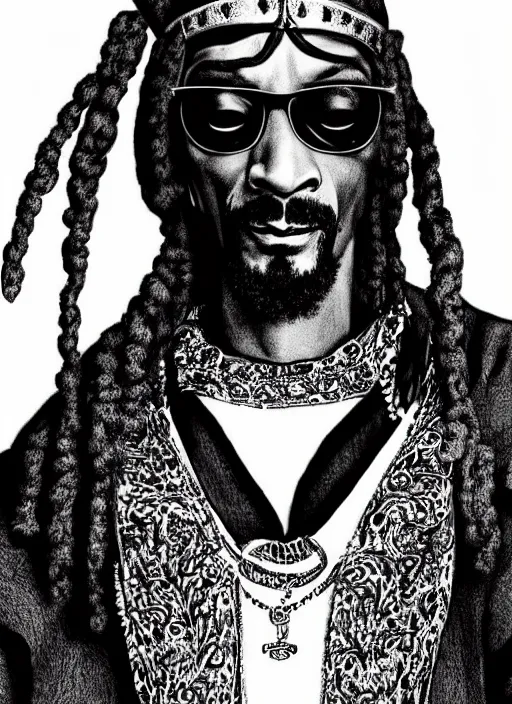 Image similar to Snoop Dogg as a knight, highly detailed, black and white, manga, art by Kentaro Miura