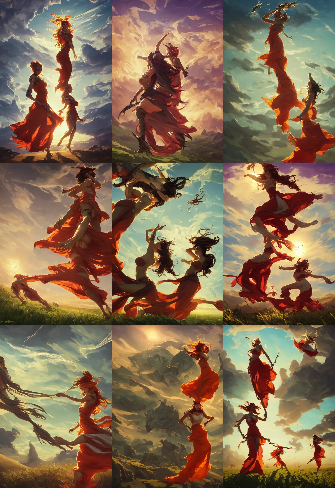 Prompt: league of legends and warframe art, three levitating girl in orange and white maxi dresses between clouds above green fields in sunset light, close up portrait, elegant, intricate, digital painting, artstation, concept art, golden hour, epic composition, smooth, sharp focus, illustration, art by ed mell and Daniel F. Gerhartz and Jacek Malczewski and gustav klimt, Tibor Nagy