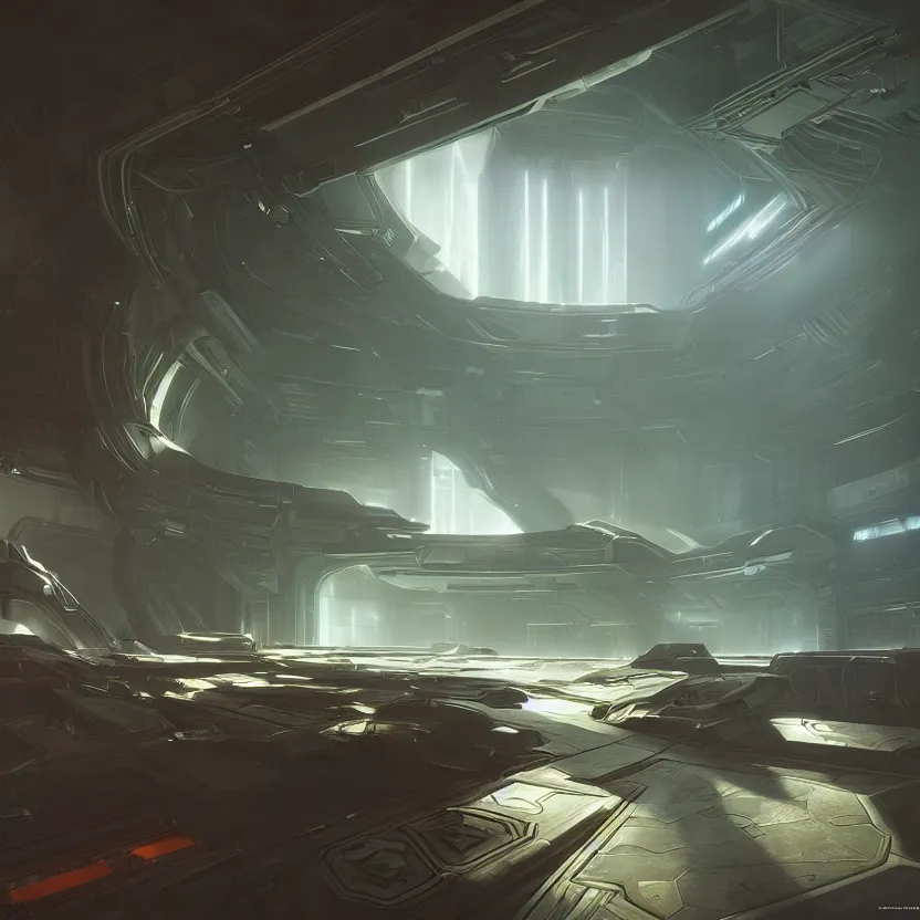 Image similar to halo 3 interiors, beautiful lighting, vivid colors, intricate, elegant, smooth, sharp focus, highly detailed digital painting, concept art, cinematic, unreal engine, 4 k wallpaper, art by syd mead, terada katsuya, atey ghailan, svetlin velinov, cgsociety, artstation trending