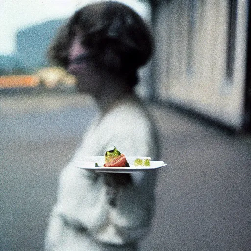 Prompt: a woman holding a piece of food in her hand, a stock photo by esther blaikie mackinnon, reddit contest winner, primitivism, shallow depth of field, photo taken with ektachrome, 3 5 mm lens