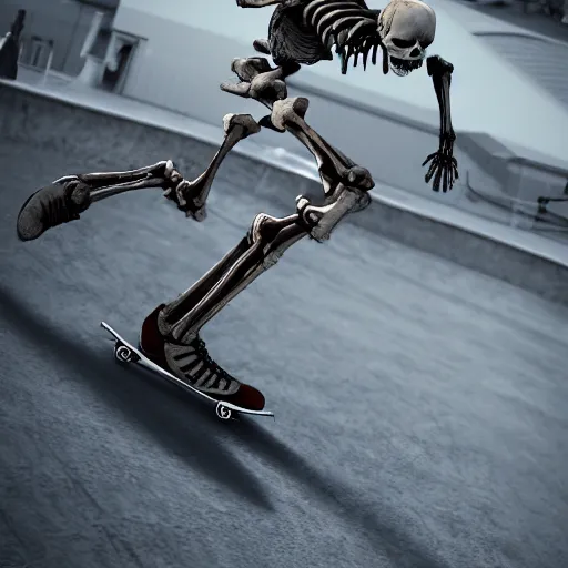 Image similar to skeleton skater at the skatepark, digital art, artstation, hyperdetalied, high quality, high rendering, 8k, light,