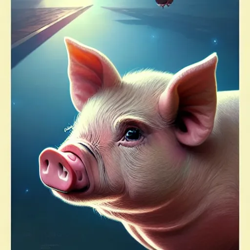 Prompt: cute pig in the sky, cute and cuddly, highly detailed, photorealistic, octane render, 8 k, unreal engine. art by artgerm and greg rutkowski and alphonse mucha, beautiful