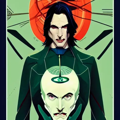 Prompt: Joshua Middleton comic art, wide shot, handsome elegant male Nikola Tesla, futuristic spy, kabuki mask, beautiful evil sneer, symmetrical face, symmetrical eyes, leather clothing and boots, long straight green black hair, full body, Indigo occult pattern