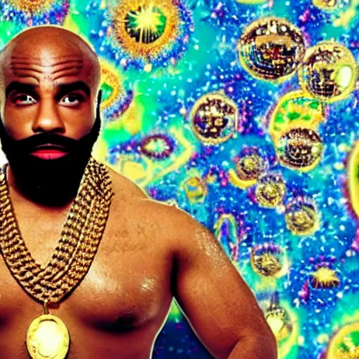 Prompt: a photograph of joe rogan as mr. t wearing many gold chains with a psychedelic dmt background