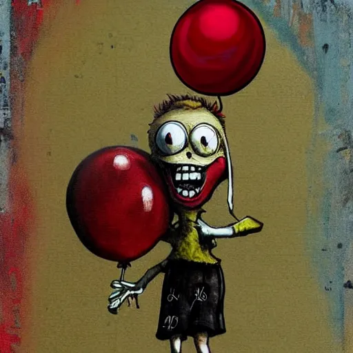 Image similar to grunge painting of spongebob with a wide smile and a red balloon by chris leib, loony toons style, pennywise style, corpse bride style, horror theme, detailed, elegant, intricate