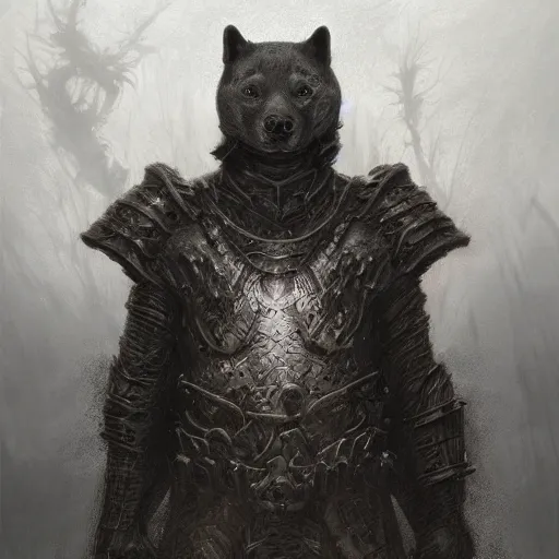 Image similar to bone armor black armor, anthropomorphic shiba inu, shiba inu face, stuning 3 d render, masterpiece, glowing black aura, foggy dark graveyard, by donato giancola and greg rutkowski and wayne barlow and zdzisław beksinski, realistic face