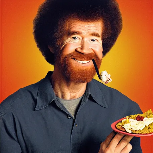 Prompt: bob ross eating a taco, portrait,