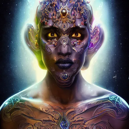 Image similar to an Artstation 3d render of Very very very very highly detailed beautiful mystic head of a phantom warrior with galaxy, tattoos by Artstation, intricate, extremely detailed, digital painting, artstation, concept art, smooth, sharp focus, illustration, intimidating lighting, incredible art,