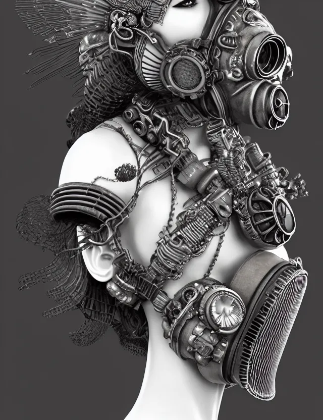 Image similar to 3 d goddess close - up profile punk portrait with vintage gas mask ram skull. beautiful intricately detailed japanese crow kitsune mask and clasical japanese kimono. betta fish, jellyfish phoenix, bio luminescent, plasma, ice, water, wind, creature, artwork by tooth wu and wlop and beeple and greg rutkowski