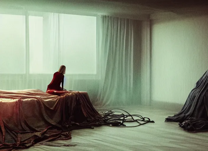 Image similar to rgb, woman, bedroom, cinematic, movie scene, inspired by zdzislaw beksinski, clothes made out of veins,, cables everywhere, bedroom, ultra realistic, concept art, intricate details, highly detailed, photorealistic, octane render, 8 k